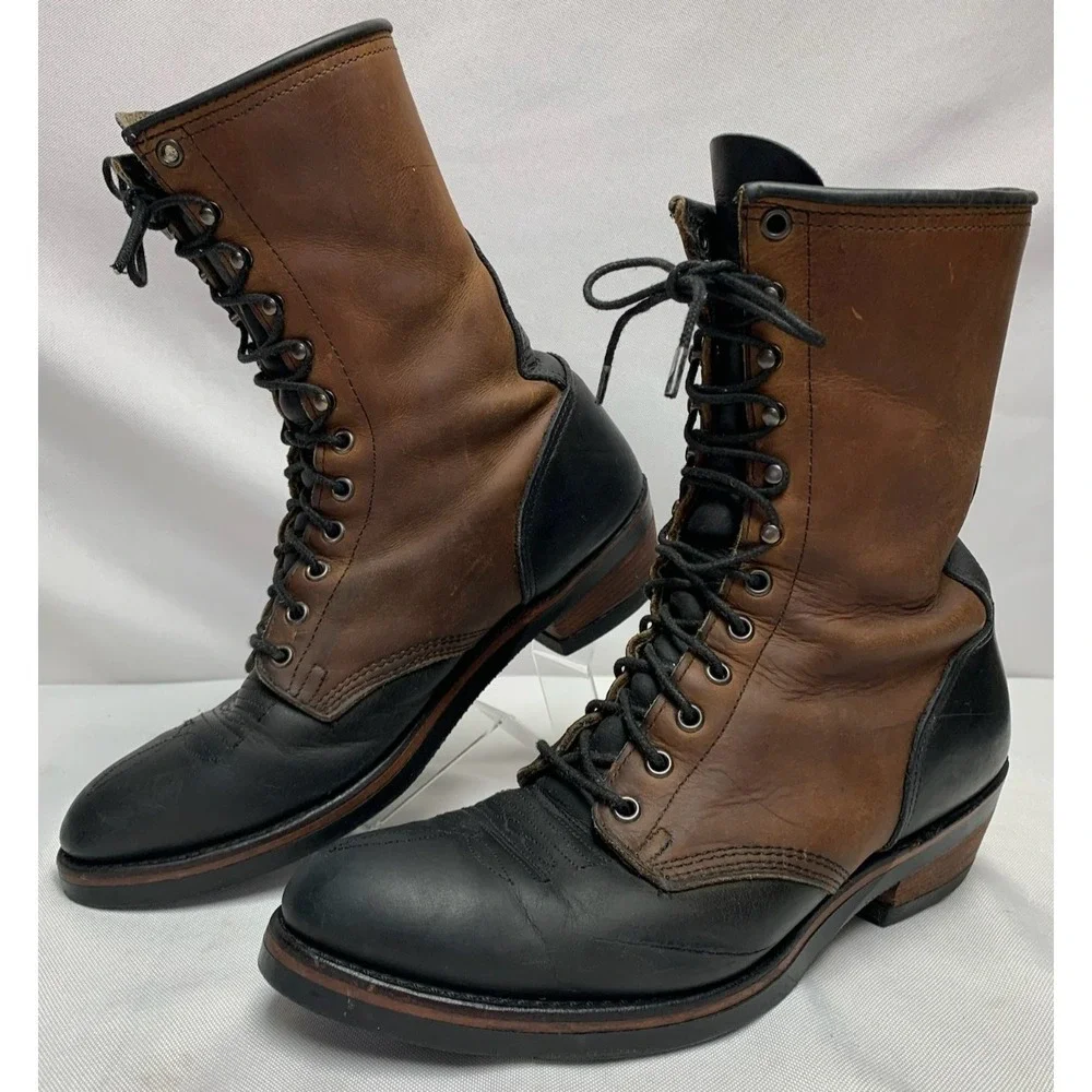 Mens Chippewa ? Two Tone Leather Brown Black Packer Work Boots Union Made 9 B